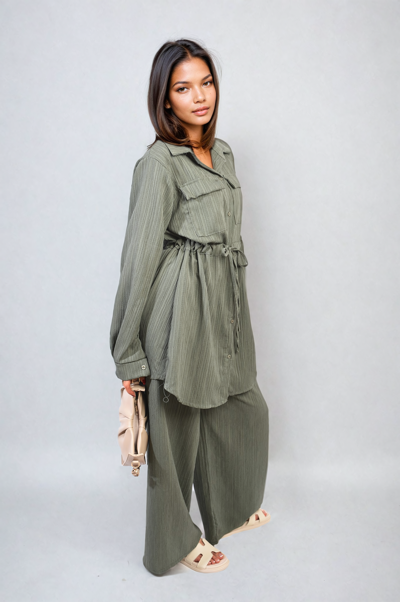 Oversized Long Sleeve Belted Button Down Top and Trouser Co-ord Set