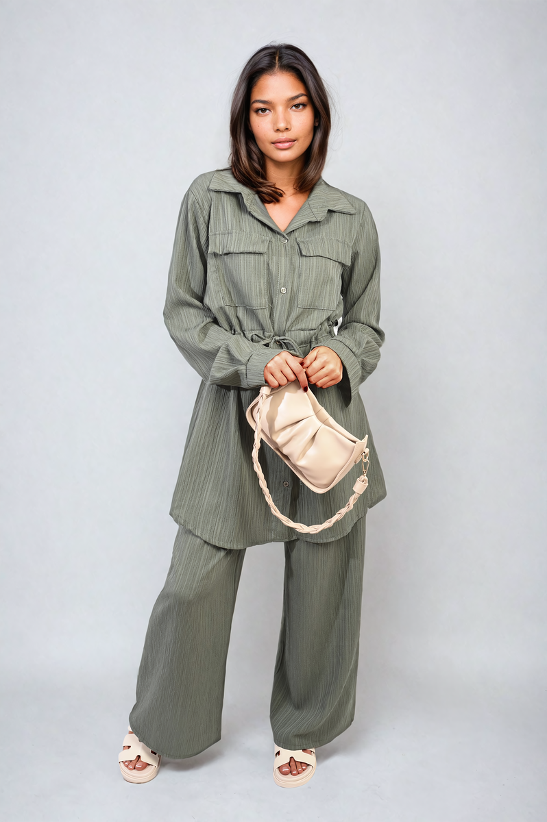 Oversized Long Sleeve Belted Button Down Top and Trouser Co-ord Set