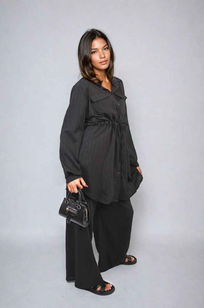 Oversized Long Sleeve Belted Button Down Top and Trouser Co-ord Set