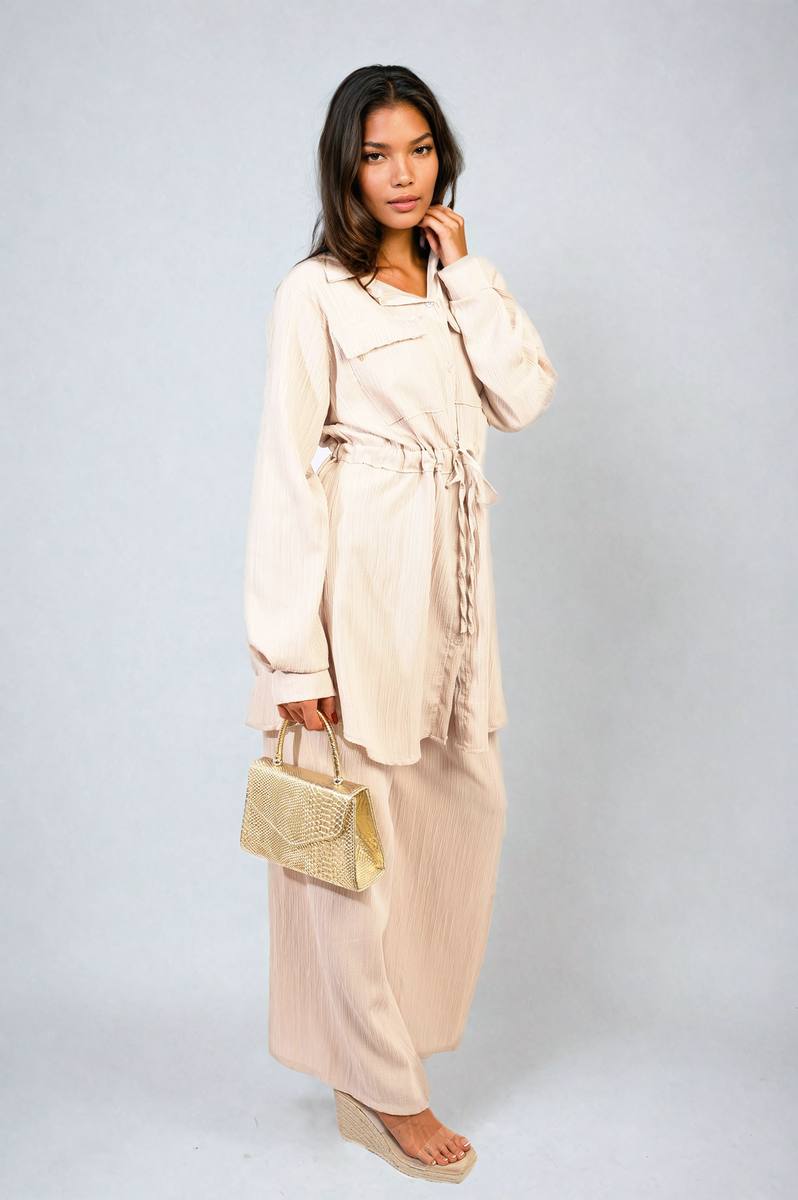 Oversized Long Sleeve Belted Button Down Top and Trouser Co-ord Set