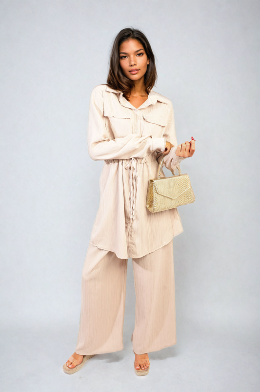 Oversized Long Sleeve Belted Button Down Top and Trouser Co-ord Set