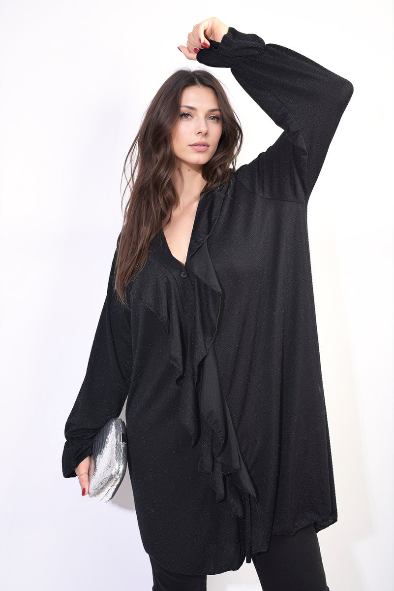 Oversized Satin Ruffle Shirt Dress Sizes S/M M/L