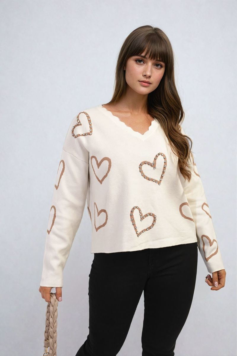 V-neck Stone Long Sleeve Knitted Jumper