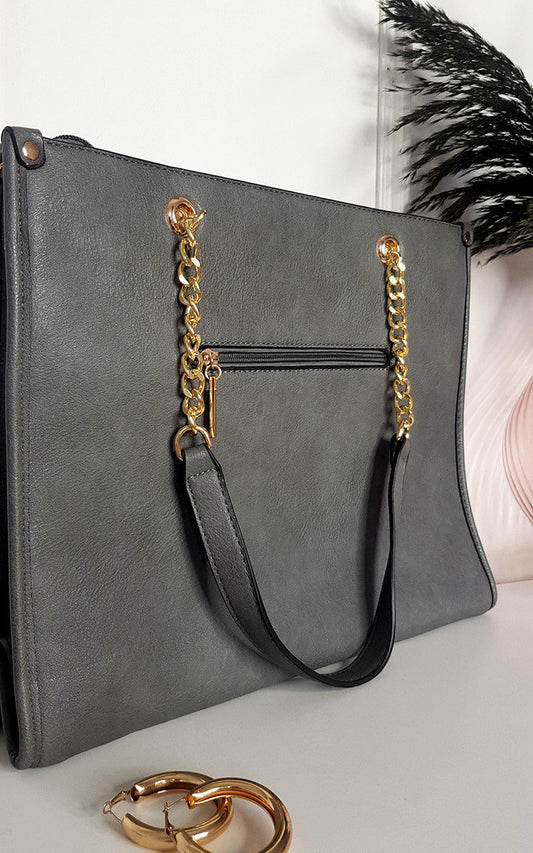 Faux Leather Chain Shoulder Bag with Stripe Detail