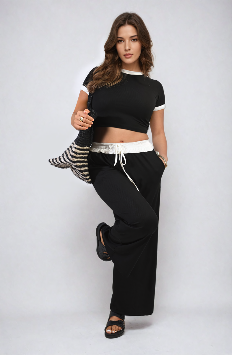 Contrasting Trim Crop Top and Trousers Co-ord Set