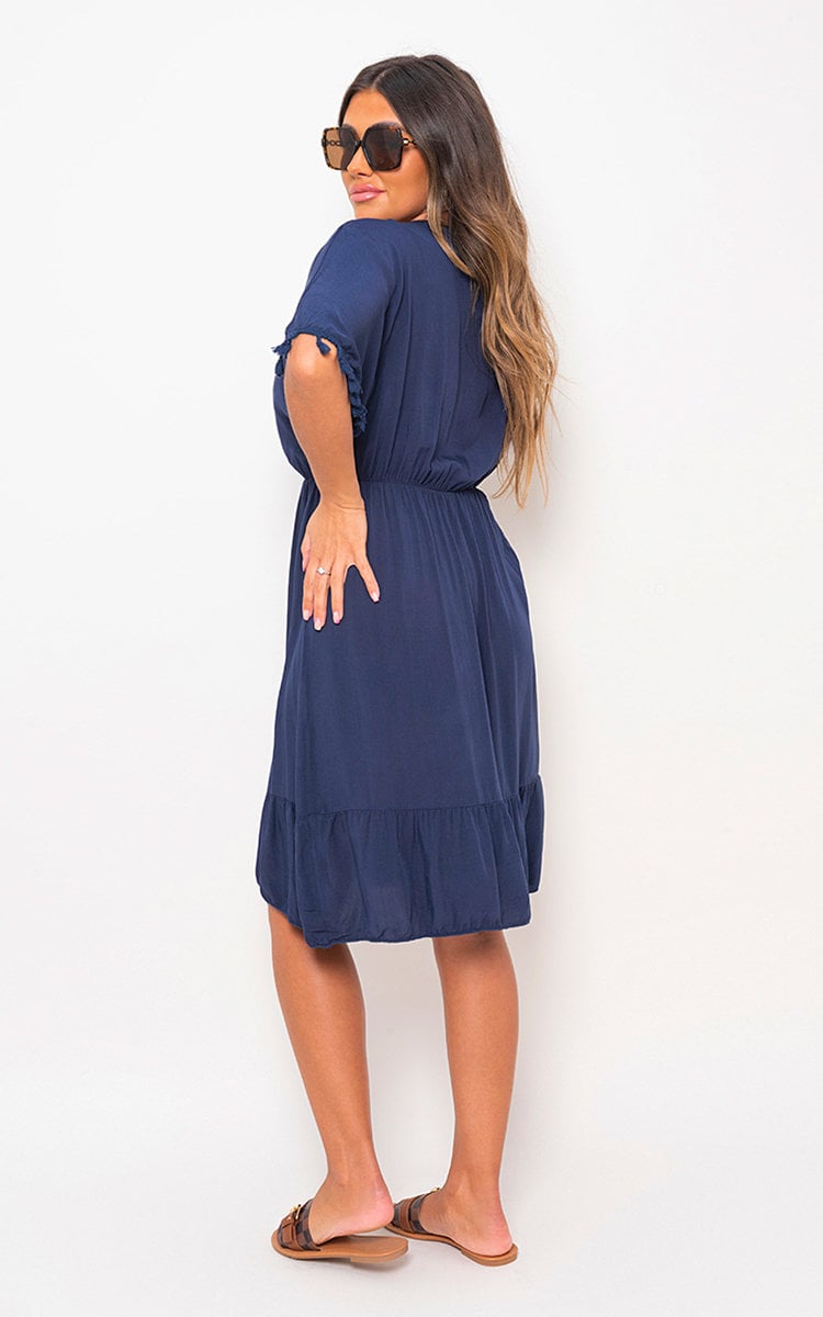 V-Neck Short Sleeve Midi Dress with Tassel Detail