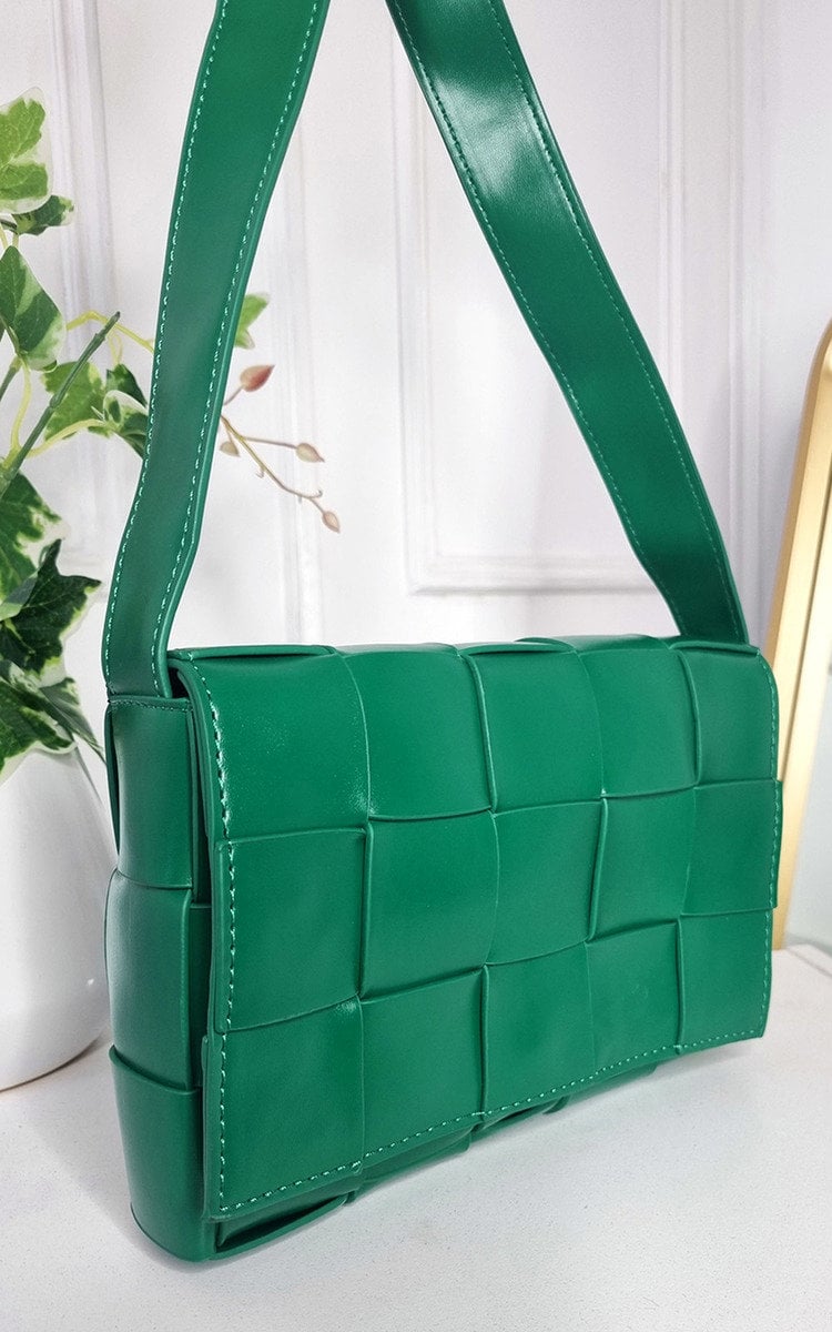 Faux Leather Woven Handbag Colours Black White Green