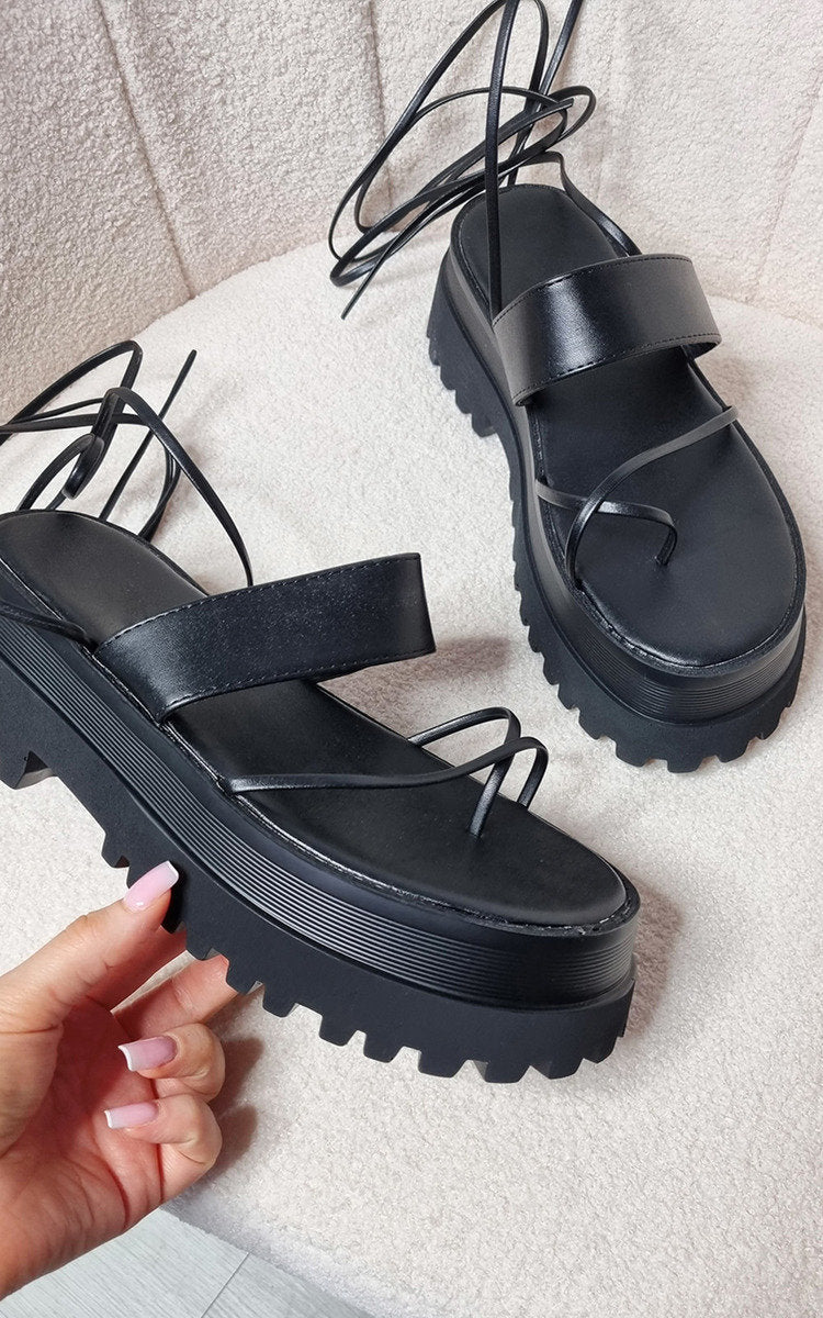 Faux Leather Strappy Lace Up Sandals