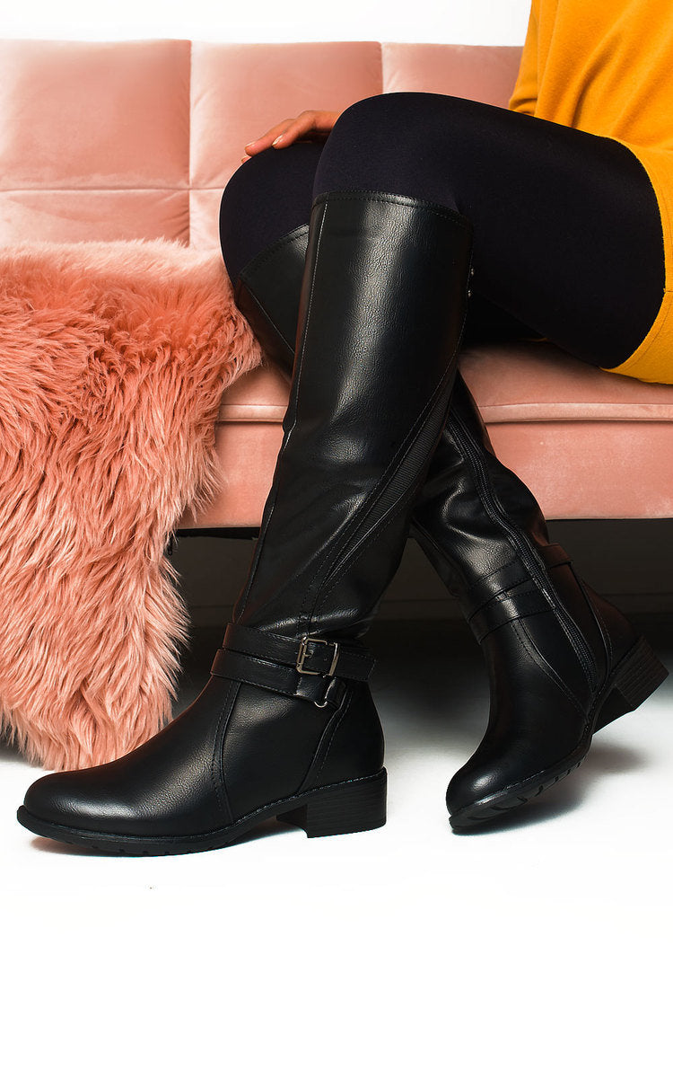 Faux Leather Buckle Knee High Boots