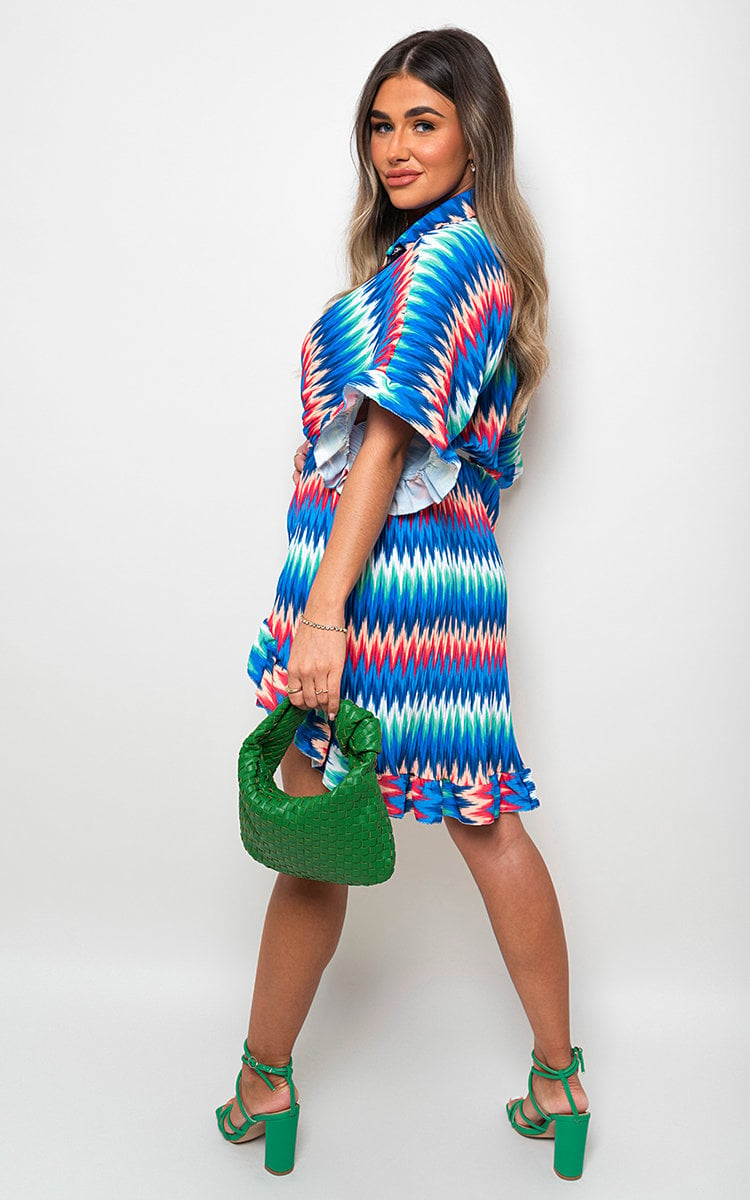 Zigzag Print Pleated Button Up Shirt Dress Sizes S/M M/L L/XL