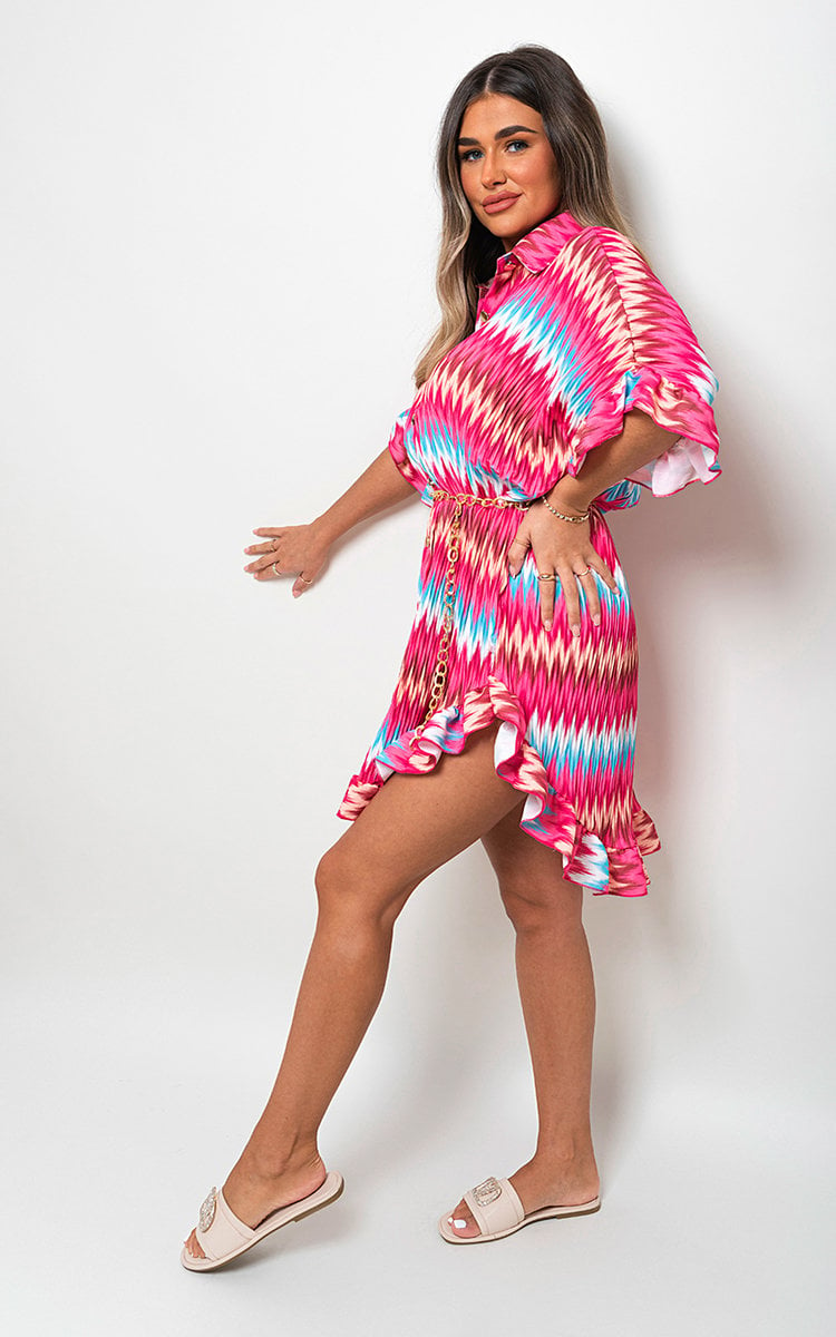 Zigzag Print Pleated Button Up Shirt Dress Sizes S/M M/L L/XL