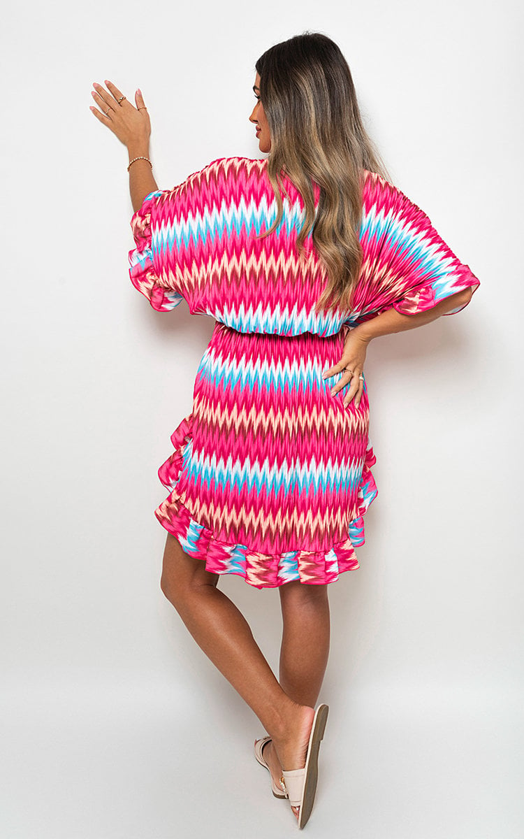 Zigzag Print Pleated Button Up Shirt Dress Sizes S/M M/L L/XL