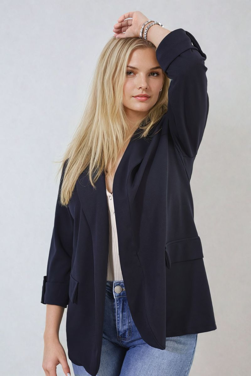 Longline Open Front Blazer Jacket with Front Pockets