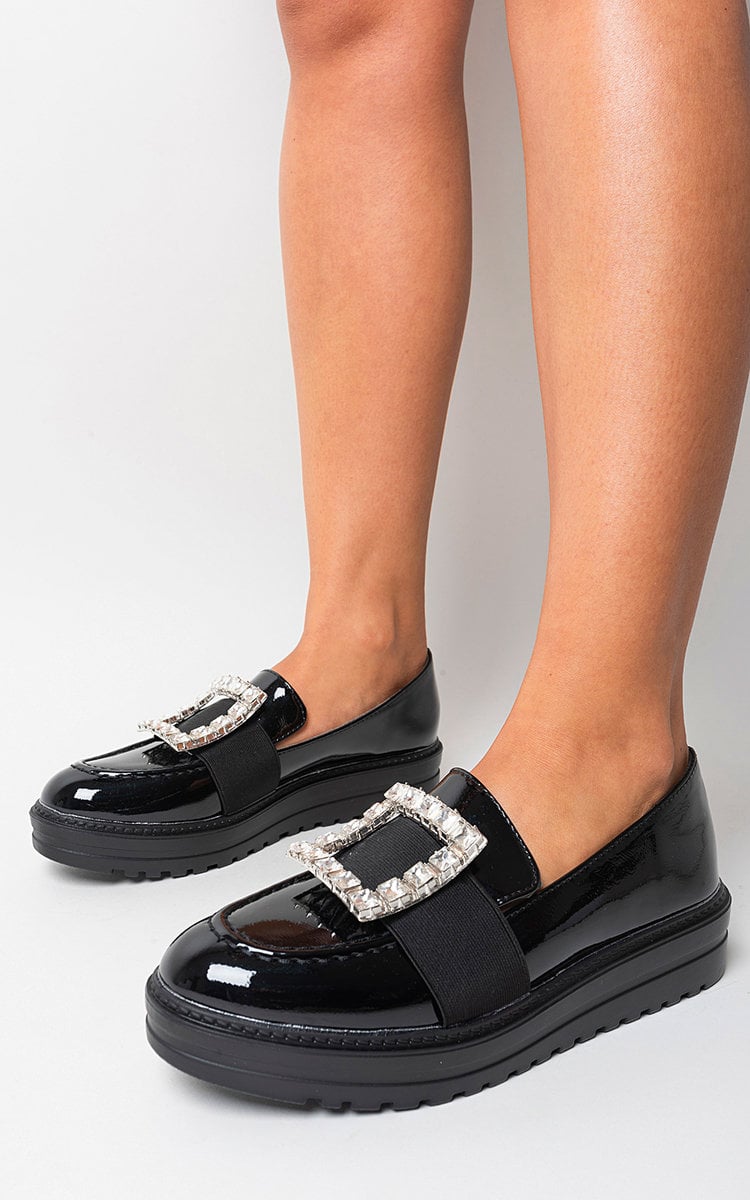 Leather Crystal Buckle Loafers