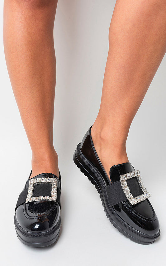 Leather Crystal Buckle Loafers