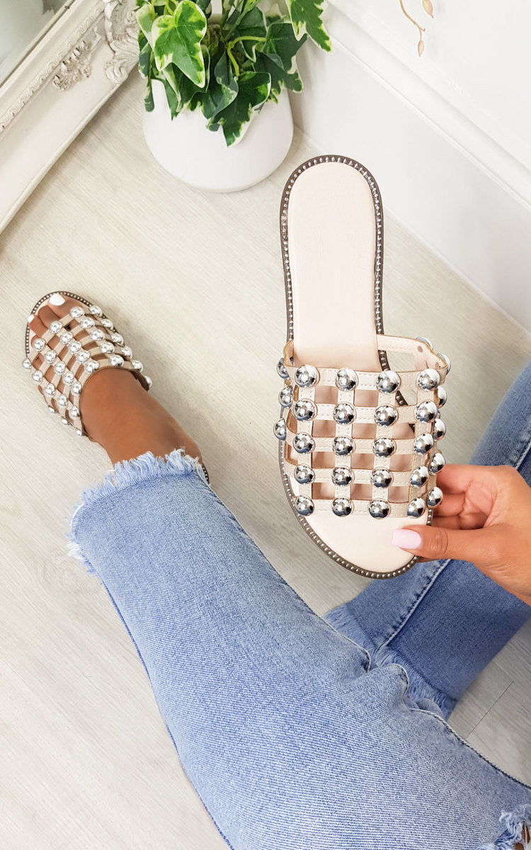 Studded Caged Open Toe Sliders