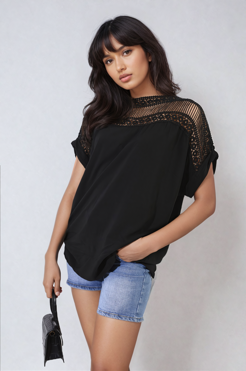 Lace Insert Round Neck Hollow Top oNE SIZE 8-16