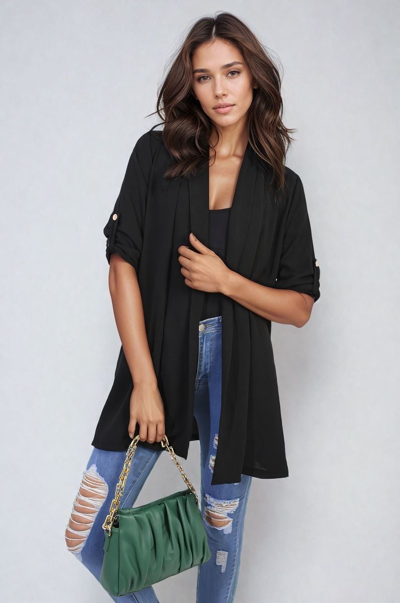 Open Front Roll Up Sleeve Cardigan