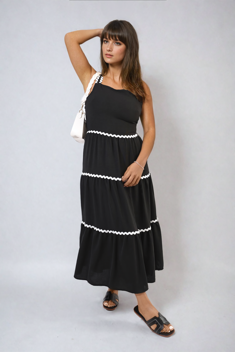 Contrast Ric Rac Detail Multi Tiered Maxi Dress