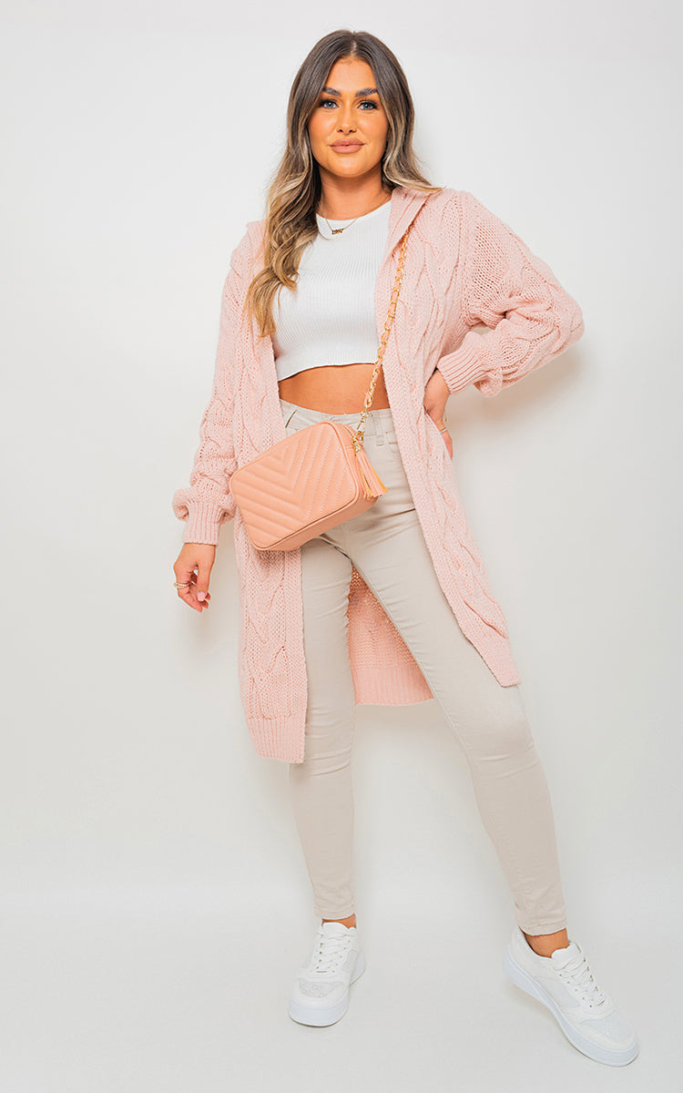 Chunky Cable Knitted Oversized Longline Hooded Cardigan